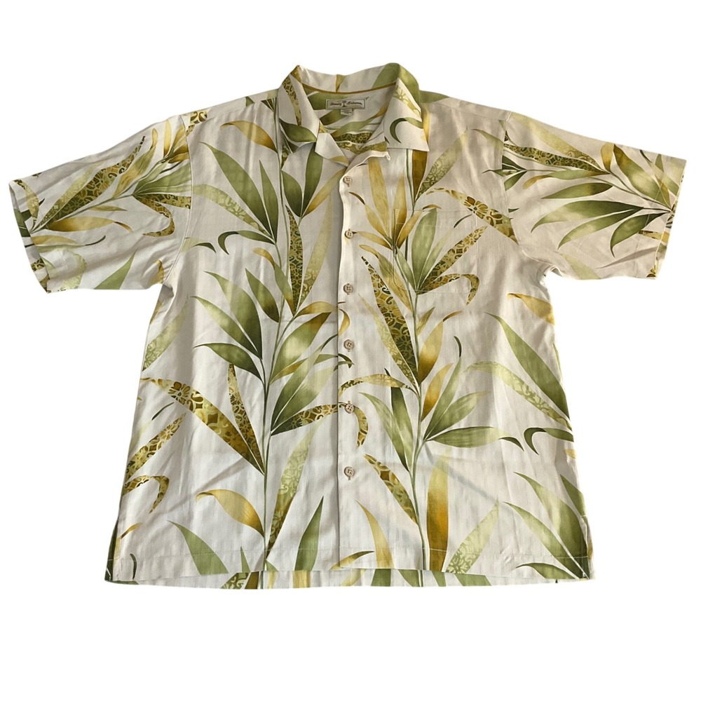 Tommy Bahama Button Down Men Large White Green Bamboo Leaf Silk Shirt